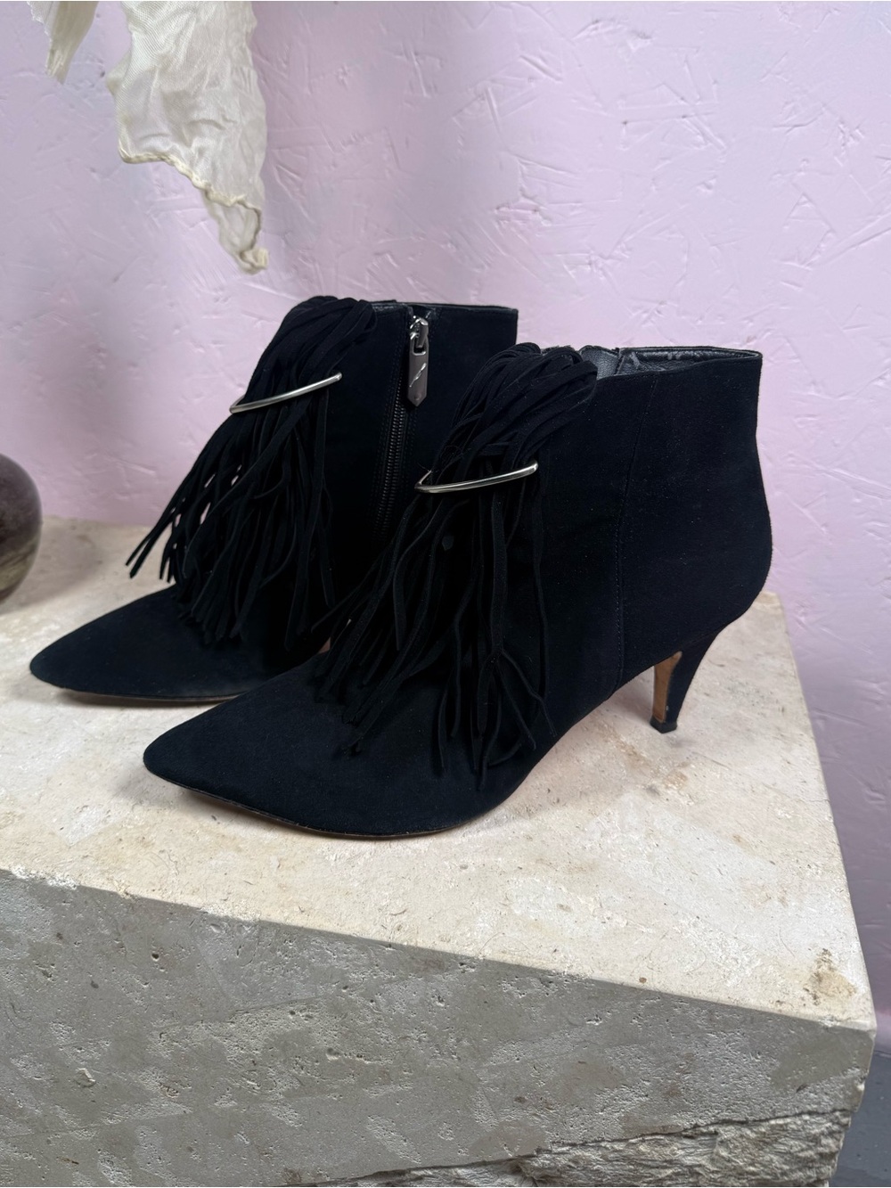 Brian Atwood Black Suede Fringe Pointed Toe Kitten Heel Ankle Boots Size 8.5